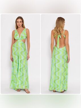 New! Sundress Revolve Shana Cutout Maxi Dress Amazonia Rhinestones Lime & Pool💚S